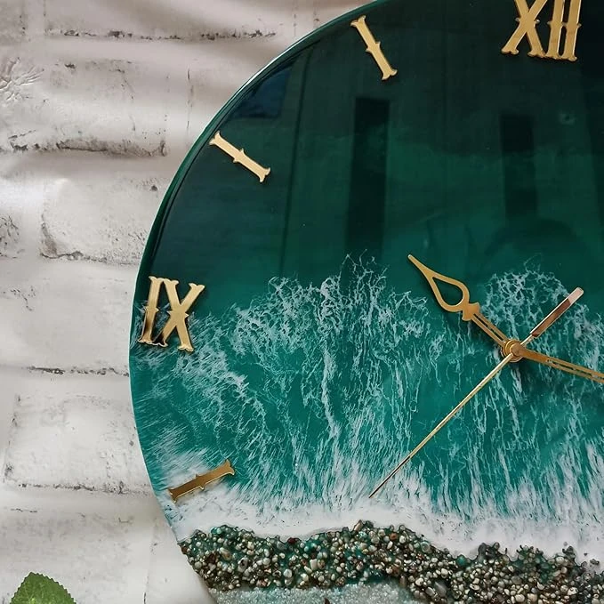 Handmade Resin Wall Clock with Roman Numerals – Luxury Marble Effect Designer Wall Clock with Gold Finish, Silent Quartz Movement, Modern Home & Office Décor (Sea Green)